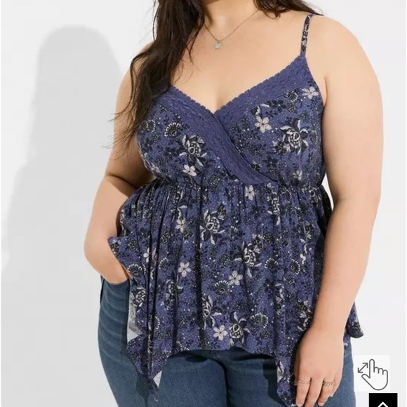 Torrid Plus Size Babydoll Rayon Slub Surplice Lace Trim Cami Blue Women’s Tank - Picture 1 of 8